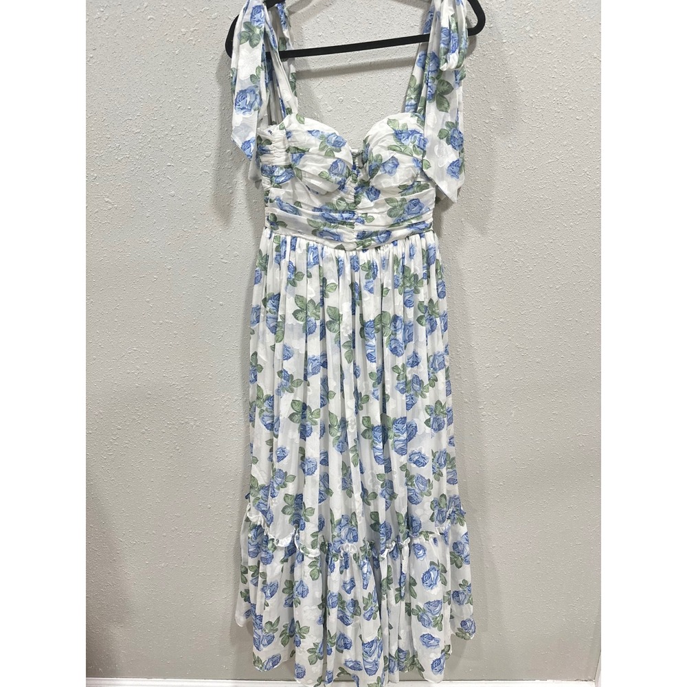 Mable Women's White Blue Floral Medium Maxi‎ Dress Tie Shoulder Smocked Bodice